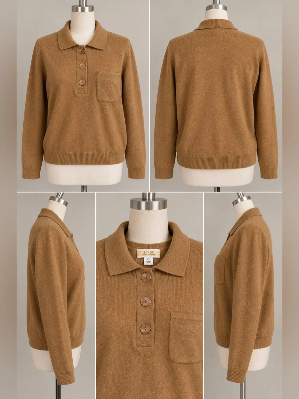J.Crew Men’s XL 100% Cashmere Polo Sweater Camel Brown Long Sleeve Pocket